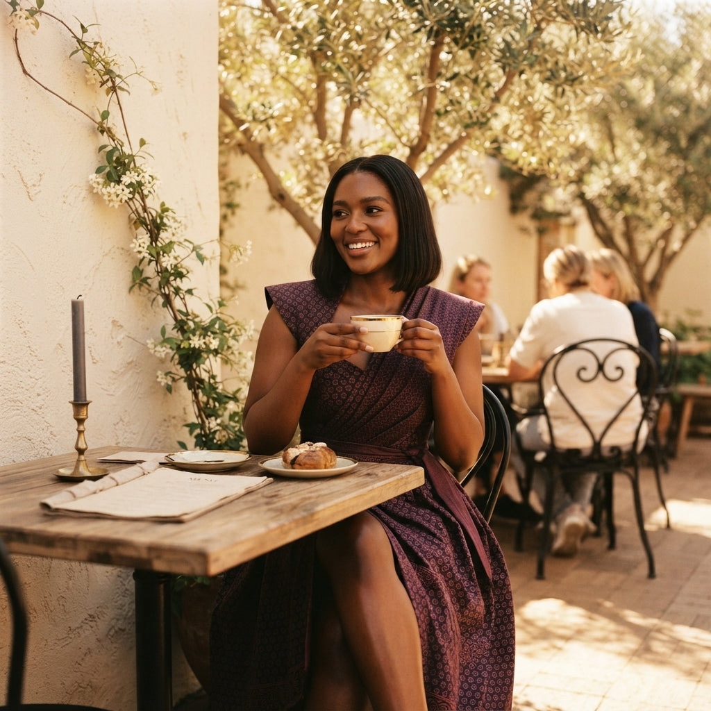 A woman wearing a samp in a sunlit outdoor cafe setting with warm, elegant tones.